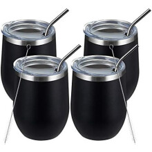 Lot de 4 verres à vin de 35 cl avec couvercle – Sans pied, double paroi sous vide, en acier inoxydable, garde les boissons froides/chaudes –
