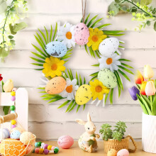 Coroană de ouă din spumă colorată verde, ouă de Paște simulate de 18 cm, decorațiuni festive pentru decor interior de perete al ușii,