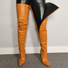 Dámské barevné kozačky na vysokém podpatku, sexy, špičatý zip, vysoký podpatek, tenký podpatek, velké kozačky ke kolenům, oranžové,
