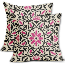Housses de coussin en lin noir et rose vif 40x40 cm, motif floral bohème.