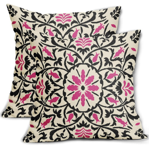 Μαύρα & Ροζ Μαξιλαροθήκες Boho 16x16", Vintage Λουλούδι με Στάμπα, Λινά Τετράγωνα