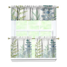 Rideaux de cuisine à motifs végétaux verts, ensemble de 3 pièces avec cantonnière