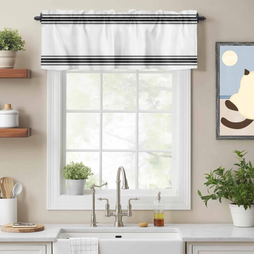 Cortina de varão geométrica listrada preta rústica de 42x12 polegadas, com bolso para varão, compatível com cozinha estilo fazenda, quarto, 1