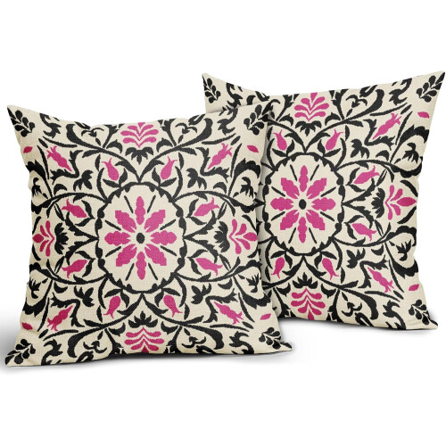 Μαύρα & Ροζ Μαξιλαροθήκες Boho 16x16", Vintage Λουλούδι με Στάμπα, Λινά Τετράγωνα 1