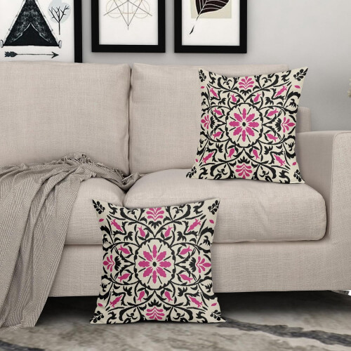 Μαύρα & Ροζ Μαξιλαροθήκες Boho 16x16", Vintage Λουλούδι με Στάμπα, Λινά Τετράγωνα 2