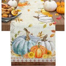 Camino de mesa otoñal de 274 cm (108") – Lino de algodón con diseño de hojas y calabaza para Acción de Gracias, compatible con mesas de madera.
