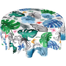 Runde 60"-Tischdecke mit tropischem Palmenblattmuster – Waschbar, blau/grünes Bananenblatt-Design für drinnen und draußen, Küche, Party,