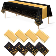 Paquete de 8 manteles de plástico con lunares negros y dorados + caminos de mesa de satén dorados – para graduación, boda, cumpleaños, baby