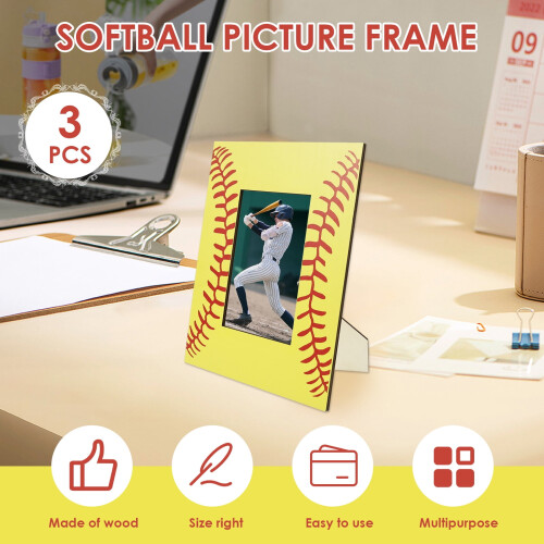 3 τεμάχια κορνίζες φωτογραφιών Woodiness Softball με αθλητικά σχέδια και βάση στήριξης, 2