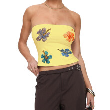 (L, Yellow) Débardeurs brodés fleurs été streetwear.