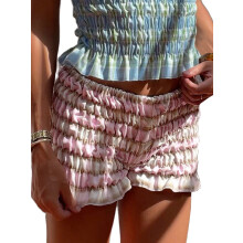 (L, Pink) Short bloomer d'été pour femme, imprimé à carreaux, taille basse, à volants étagés, moulant
