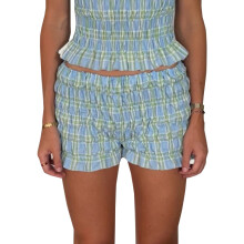 (L, Blue) Short bloomer d'été pour femme, imprimé à carreaux, taille basse, à volants étagés, moulant