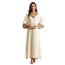 (XL, White) Abaya plissée femme, robe de prière islamique élégante Ramadan, dentelle, broderies florales, col en V, style arabe décontracté.