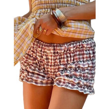 (M, Claret) Short bloomer d'été pour femme, imprimé à carreaux, taille basse, à volants étagés, moulant