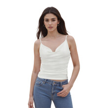 (M, White) Women Ruched Spaghetti Strap Tops Slim Solid Color Cowl Neck Sleeveless Open Back Stretch Crop Shirts