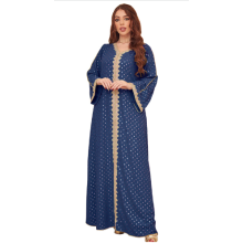 (M, Navy) Robe abaya pour femme, élégante robe longue ample à manches longues et col en V ornée de patchwork bronzant, idéale au quotidien.