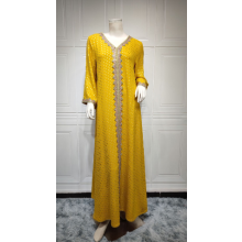 (M, Yellow) Robe abaya pour femme, élégante robe longue ample à manches longues et col en V ornée de patchwork bronzant, idéale au quotidien.