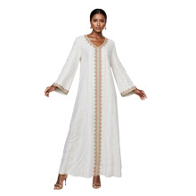 (S, White) Robe abaya pour femme, élégante robe longue ample à manches longues et col en V ornée de patchwork bronzant, idéale au quotidien.