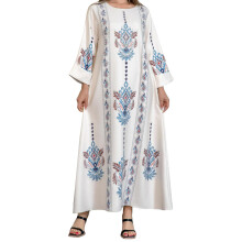 (M, Beige) Robe kaftan longue d'automne pour femme, manches longues, col rond, imprimé à motifs, coupe ample, style arabe