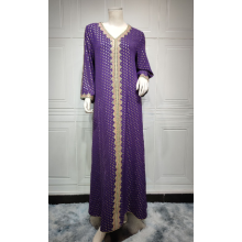 (M, Purple) Robe abaya pour femme, élégante robe longue ample à manches longues et col en V ornée de patchwork bronzant, idéale au quotidien.