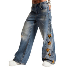 (M, Blue) Pantalones vaqueros anchos con bolsillos.