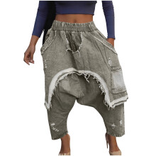 Dámské retro džíny s širokými nohavicemi, 100% denim, elastický pas, nízký pas, vintage styl, roztrhané, volné, velikost S-2XL, plus size
