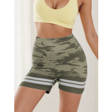 (S, Green) Short de yoga femme camouflage, taille haute élastique, au-dessus du genou, parfait pour yoga, course, vélo et entraînement.