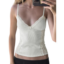 (L, White) Damen Camisole mit Spitze und Patchwork, ärmellos, Sommer-Top mit kleiner Schleife vorne, trendige Oberteile