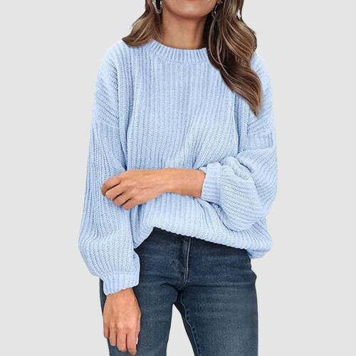 Γυναικείο μπλε oversized πλεκτό πουλόβερ με ριμπ ύφανση, casual τοπ με μακριά μανίκια – 1