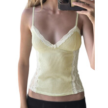 (L, Light Yellow) Damen Camisole mit Spitze und Patchwork, ärmellos, Sommer-Top mit kleiner Schleife vorne, trendige Oberteile