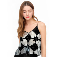 (One Size, Black) Glitzerndes Damen-Camisole, ärmellos, Spaghettiträger, V-Ausschnitt, Pailletten, Party- und Rave-Tops