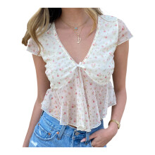 (M, White) Women's Summer V Neck Tops White Short Sleeve Irregular Hem Trendy Floral T-shirt