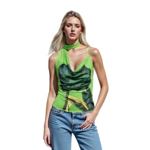 (S, Green) Women Camisole, Sleeveless Tops Halterneck Patchwork Printed Slim Fit Summer Vest for Party Club