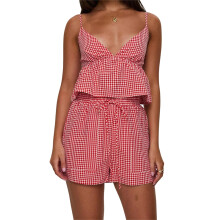 (S, Pink) Conjunto de verano para mujer: blusa de V y cuadros + shorts con cordón. Estilo urbano.