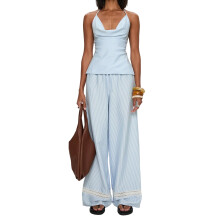 (M, Sky Blue) Completo estivo da donna a righe: top senza maniche e pantaloni a gamba larga, stile streetwear.