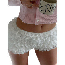 (L, White) Short en dentelle pour femme, taille basse élastique, mini-short à volants superposés, style streetwear décontracté d'été