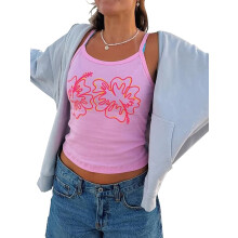 (L, Pink) Haut de pyjama basique femme, confortable, imprimé floral, sans manches, court, débardeur, t-shirt de nuit idéal détente maison.