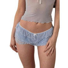 (L, Blue) Shorty à volants superposés pour femme, taille basse, mini-short à nœud, à porter sous les robes d'été