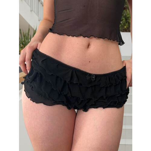 (S, Black) Γυναικεία σορτς με βολάν και φιόγκο για καλοκαίρι 1