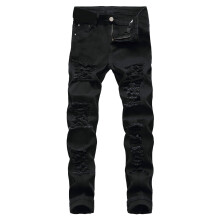 Imréiteach Jeans Fir Faiseanta Jeans Díreach Rialta Stróctha Jeans Ócáideacha le Poill Stróctha Bríste Jeans Bríste Fad Iomlán, Dubh