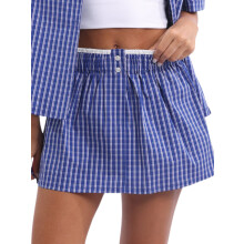 (M, Blue) Women's Summer Mini Plaid Skirts Elastic Band Button Decor Skirt for Daily, Travel, Parties