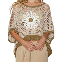 (XL, Khaki) Pulls printemps-été pour femmes, en crochet, manches courtes, col rond, broderie marguerite, maille ajourée