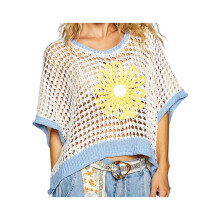 (M, Sky Blue) Women's Spring Summer Crochet Sweaters Half Sleeve O Neck Daisy Embroidery Hollow Knitwear