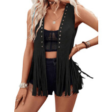 (L, Black) Chaleco con borlas y remaches para mujer, abierto al frente, sin mangas, de ante sintético, chaqueta, disfraces hippies