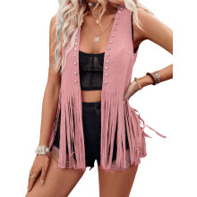 (XL, Pink) Chaleco con borlas y remaches para mujer, abierto al frente, sin mangas, de ante sintético, chaqueta, disfraces hippies
