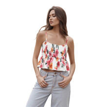 (M, White) Women Crop Camisole Casual Summer Ruffled Hem Floral Print Spaghetti Straps Tank Tops Sleeveless T-Shirt