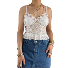 (L, White) Women's Lace Tank Tops Summer Backless Sleeveless Spaghetti Strap Slim Fit Ruffled Camisole