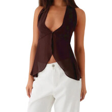 (S, Coffee) Women Tank Tops Solid Color Deep V-Neck Tie-Up Halter Neck Casual Vests Summer Sleeveless Tops Streetwear
