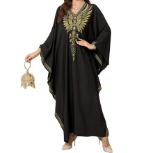 (One Size, Dark Grey) Robe de plage longue pour femme, broderie tournesol, manches chauve-souris, col rond, style arabe, ample