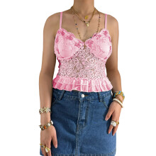 (M, Pink) Damen Spitzen-Tanktops für den Sommer, rückenfrei, ärmellos, Spaghettiträger, schmale Passform, gerüschtes Camisole